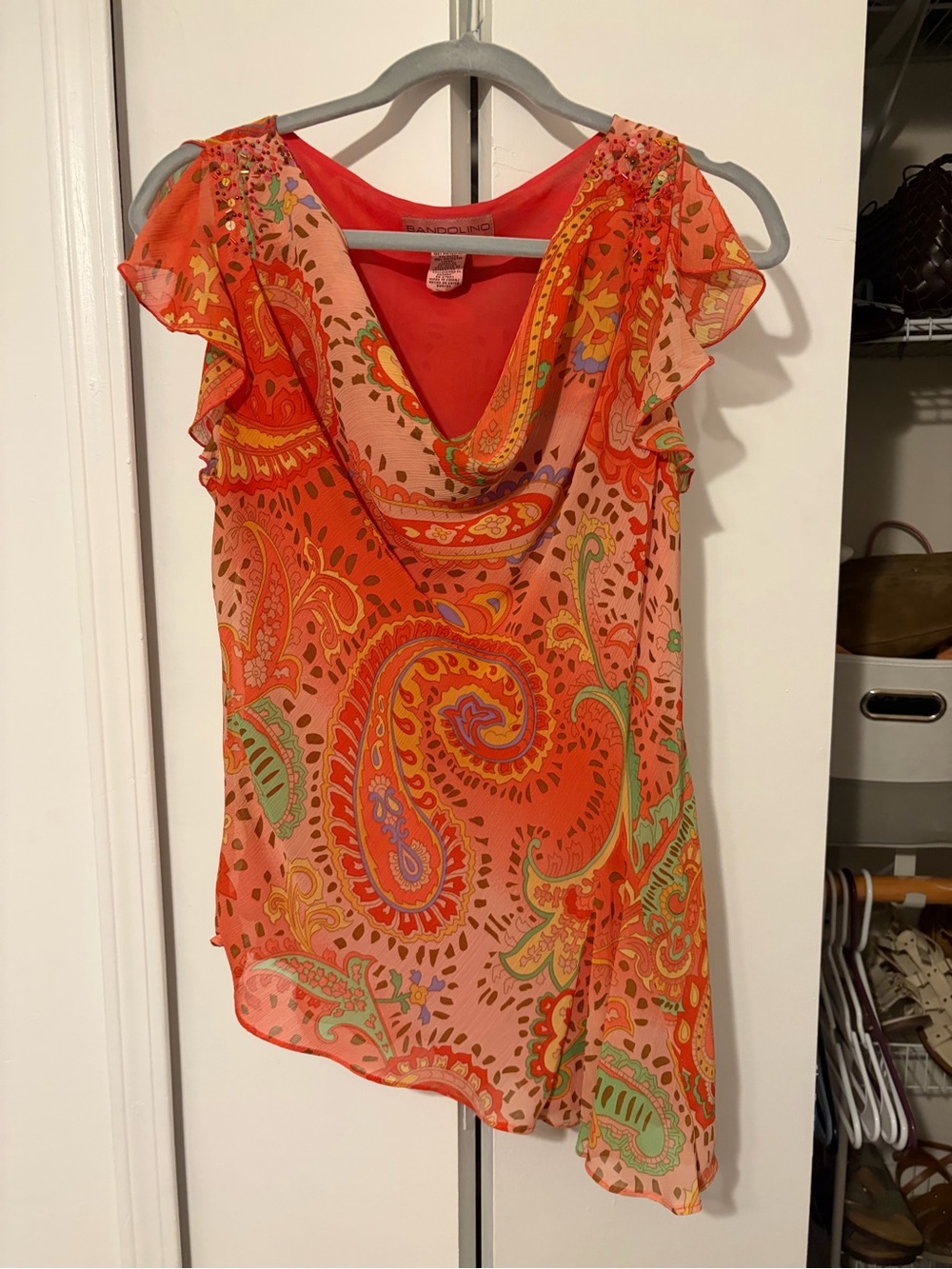 Beautiful Y2K Paisley Coral Colorful Cowl Neck Blouse with beading by Bandalino